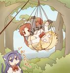  akemi_homura animal_ears blonde_hair bow cat_ears cat_tail caught chibi drill_hair fang forest hair_bow hairband hanging highres in_net kemonomimi_mode long_hair mahou_shoujo_madoka_magica multiple_girls nature net o_o open_mouth purple_eyes purple_hair raccoon_ears raccoon_tail red_eyes red_hair rope sakura_kyouko school_uniform shirt skirt tail tamute_(2580rs) tears tomoe_mami trapped twin_drills twintails upside-down 