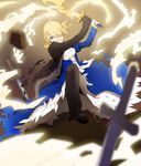  ahoge artoria_pendragon_(all) bad_id bad_pixiv_id blonde_hair blurry depth_of_field dress dual_persona excalibur fate/zero fate_(series) formal green_eyes hair_over_one_eye long_hair pant_suit pietani397 planted_sword planted_weapon ponytail saber suit sword weapon 