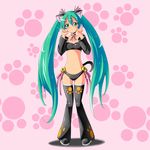  absurdres animal_ears arms_up bell blush cat_ears cat_tail choker detached_sleeves green_eyes green_hair hatsune_miku head_tilt highres jingle_bell kayama_kenji long_hair navel paw_pose solo tail thighhighs twintails very_long_hair vocaloid 