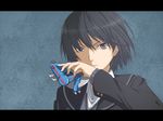  amagami black_eyes black_hair black_jacket cardigan jacket kamen_rider kamen_rider_kabuto_(series) kibito_high_school_uniform long_sleeves nanasaki_ai parody portrait school_uniform serious short_hair solo sweater_vest toki_(tokihakashi) toy 