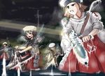  battle breath brown_hair clenched_teeth frozen hakama hat ice innertube japanese_clothes kirio_(ccr00235) mecha_musume military multiple_girls night ocean oekaki original pork_pie_sailor_hat red_hakama sailor_hat ship short_hair teeth torpedo torpedo_boat water watercraft 