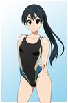  akane_(fukuoka_katsumi) arms_behind_back bare_arms bare_shoulders black_hair blue_background breasts collarbone competition_swimsuit cowboy_shot fingernails fukuoka_katsumi gradient gradient_background groin highleg highleg_swimsuit long_hair looking_at_viewer nail_polish one-piece_swimsuit orange_nails original ponytail red_eyes shiny shiny_skin simple_background small_breasts smile solo swimsuit 