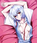  arms_up ayanami_rei bad_id bad_pixiv_id bed_sheet blue_hair breasts cleavage collarbone looking_at_viewer lying medium_breasts neon_genesis_evangelion no_bra nyamota on_back open_clothes open_shirt red_eyes school_uniform shirt short_hair solo undone_necktie untied 