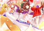  animal_ears blonde_hair blush bow brown_eyes brown_hair cat_ears cat_tail chen dress earrings fox_ears fox_tail hair_bow hat jewelry kurot long_hair multiple_girls multiple_tails one_eye_closed purple_eyes ribbon short_hair smile tail touhou umbrella yakumo_ran yakumo_yukari yellow_eyes 