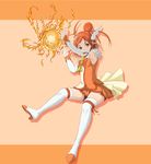  bike_shorts boots bow bowtie cure_sunny fire full_body hair_bun highres hino_akane_(smile_precure!) nemurimangetsu orange_(color) orange_background orange_eyes orange_hair orange_skirt precure serious short_hair skirt smile_precure! solo thigh_boots thighhighs white_legwear 