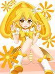 blonde_hair boots bow choker cure_peace double_v flower frills hair_flaps katsuragi_niya kise_yayoi long_hair looking_at_viewer magical_girl open_mouth panties precure sitting smile_precure! solo striped striped_panties underwear upskirt v wide_ponytail yellow yellow_bow yellow_choker yellow_eyes 