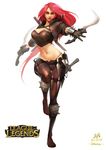  belt bracelet breasts curvy dagger gloves green_eyes hips jacket jewelry katarina_du_couteau knife large_breasts league_of_legends leg_lift logo long_hair midriff navel red_hair scar simple_background solo spiked_bracelet spikes supja thigh_gap tight very_long_hair weapon wide_hips 