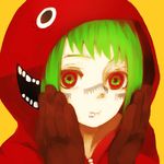  bad_id bad_pixiv_id green_hair gumi hands hood hoodie lemontea matryoshka_(vocaloid) mouth multicolored multicolored_eyes simple_background solo vocaloid yellow_background zipper 
