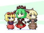  blonde_hair blue_eyes blush bow brown_eyes dress frills front_ponytail green_eyes green_hair hair_bow hair_ribbon holding_hands kagiyama_hina kurodani_yamame long_hair looking_at_viewer medicine_melancholy multiple_girls open_mouth ponytail red_dress ribbon ringed_eyes short_hair smile touhou urushi 