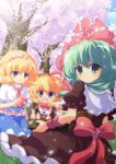  alice_margatroid blonde_hair blue_dress blue_eyes blue_sky blush bow brown_dress capelet cherry_blossoms cloud day dress grass green_eyes green_hair hair_ribbon hairband highres kagiyama_hina long_hair medicine_melancholy multiple_girls nullpooo obentou open_mouth outdoors ribbon sash short_hair sitting sky smile touhou tree 