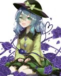  1girl :d black_footwear blouse blue_flower blue_hair blue_rose breasts commentary_request flower frilled_shirt_collar frilled_skirt frilled_sleeves frills green_eyes green_skirt hair_between_eyes hands_on_lap hat hat_ribbon heart heart_of_string highres komeiji_koishi looking_at_viewer medium_hair open_mouth piyodesu ribbon rose simple_background sitting skirt sleeves_past_wrists small_breasts smile solo third_eye touhou upper_teeth wariza white_background yellow_blouse 