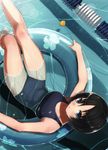  absurdres afloat bare_shoulders black_hair blue_eyes blush bob_cut from_above hareno_chiame highres innertube lane_line legs looking_at_viewer looking_up lying on_back one-piece_swimsuit original partially_submerged pool rubber_duck scan school_swimsuit short_hair solo swimsuit thighs upside-down water wet 