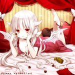  :t barefoot bed bow breasts chocolate chocolate_heart choker cleavage dress feet gift hair_bow happy_valentine heart horns kuu_(0427) legs_up long_hair looking_at_viewer lying medium_breasts on_bed on_stomach original pillow red_eyes ribbon solo toes valentine white_hair wings 