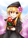  black_dress blonde_hair blue_sky blush bow cloud dress flower hair_flower hair_ornament hat highres holding lily_black lily_white long_hair looking_at_viewer mario_(series) open_mouth piranha_plant plant potted_plant purple_background red_eyes ribbon sky super_mario_bros. touhou wings yuyumi_(yuurei) 
