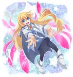  black_legwear blonde_hair blue_background blue_eyes cape coat collet_brunel full_body haramaki_aramaki long_hair outstretched_hand pantyhose pink_wings shoes smile solo tales_of_(series) tales_of_symphonia wings 
