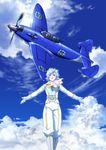  1girl aircraft airplane cloud day earrings fana_del_moral gloves hikuushi_series jewelry karino_charles military official_art scarf sky to_aru_hikuushi_e_no_tsuioku uniform 