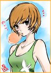  amane_shinobu bare_shoulders breasts brown_eyes brown_hair bubble bubble_blowing chewing_gum cleavage highres medium_breasts persona persona_4 satonaka_chie short_hair solo tank_top 
