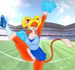  big_breasts blonde_hair blue_eyes breasts canine cheerleader cleavage clothed clothing female fox fur hair hybrid long_hair looking_at_viewer mammal mouse one_eye_closed orange_fur panties pigtails pom_pom pom_poms raised_leg rodent shoes skidd skirt smile sneakers socks solo tail_tuft tuft underwear wink 