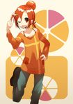  bad_id bad_pixiv_id casual furukawa_wanosuke hair_bun hino_akane_(smile_precure!) one_eye_closed orange_background orange_shirt pants ponytail precure red_eyes red_hair shirt smile_precure! solo tiara 