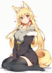  animal_ears arms_between_legs bare_shoulders black_legwear blonde_hair blush breasts closed_mouth collarbone commentary_request eyebrows_visible_through_hair fox_ears full_body hair_between_eyes haruyuki_(yukichasoba) heart highres long_hair long_sleeves looking_at_viewer original red_eyes simple_background smile solo sweater tail thighhighs white_background 
