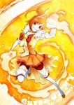  bike_shorts boots bow bowtie bridal_gauntlets character_name choker clenched_hand copyright_name cure_sunny fire full_body gloves grin hair_bun hino_akane_(smile_precure!) kitano_tomotoshi orange_(color) orange_background orange_choker orange_eyes orange_hair orange_neckwear orange_skirt precure red_shorts short_hair shorts shorts_under_skirt skirt smile smile_precure! solo thigh_boots thighhighs tiara white_legwear 