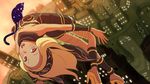  animal bad_id bad_pixiv_id bare_shoulders blonde_hair cat city cityscape dark_skin dusty_(gravity_daze) gravity_daze hairband high_heels kitten_(gravity_daze) long_hair looking_at_viewer open_mouth red_eyes scarf shoes solo upside-down vambraces wait8 wristband 