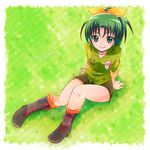  ara_(sora-ageha) boots english_flag eyelashes green_eyes green_hair green_shirt hair_ribbon looking_up midorikawa_nao ponytail precure ribbon shirt shorts sitting smile smile_precure! solo 