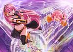  &gt;_&lt; blue_eyes boots cityscape closed_eyes crazypen from_above headphones long_hair looking_at_viewer megurine_luka microphone midriff music navel pink_hair pom_poms samfree_(&quot;night&quot;_songs) singing skirt smile solo takoluka thighhighs very_long_hair vocaloid 