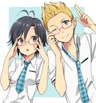  1girl antenna_hair arms_up bad_id bad_pixiv_id ear_piercing glasses hair_ornament hairclip idolmaster idolmaster_(classic) ijuuin_hokuto kikuchi_makoto necktie one_eye_closed piercing saito_katuo short_hair 