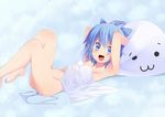  :3 armpits arms_up barefoot blue_eyes blue_hair blush bow breasts cirno fang feet hair_bow legs legs_up looking_at_viewer lying naked_sheet nigo_(aozoragarou) no_pants nude on_back panties panties_removed pillow short_hair small_breasts smile solo striped striped_panties touhou underwear 