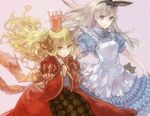  alice_(wonderland) alice_(wonderland)_(cosplay) alice_in_wonderland animal_ears apron bad_id bad_pixiv_id blonde_hair bow cat cosplay crown dress eila_ilmatar_juutilainen glasses hair_bow long_hair multiple_girls perrine_h_clostermann purple_eyes queen_of_hearts queen_of_hearts_(cosplay) scepter shirono_kuma strike_witches world_witches_series yellow_eyes 