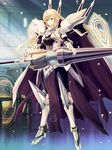  ao_no_kiseki arianrhod_(eiyuu_densetsu) armor blonde_hair boots braid cape eiyuu_densetsu expressionless gloves greaves green_eyes huge_weapon knee_boots long_hair ntake_toukasaien polearm solo spear weapon 