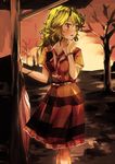  alternate_costume arm_up ascot bad_id bad_pixiv_id belt blonde_hair blush dress geppewi hand_on_own_chin jewelry kazami_yuuka open_mouth parasol red_dress red_eyes red_sky ring sky solo striped striped_dress touhou tree umbrella watch wristwatch 
