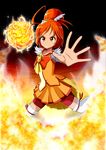  bad_id bad_pixiv_id bike_shorts black_background bow bowtie cure_sunny fire hair_bun hino_akane_(smile_precure!) naruru_(akanex829) no_choker orange_(color) orange_eyes orange_hair orange_skirt outstretched_hand precure red_shorts serious short_hair shorts shorts_under_skirt skirt smile_precure! solo thighhighs white_legwear 