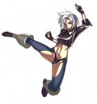  abs angel_(kof) boots fingerless_gloves full_body gloves kicking navel ogami panties short_hair solo the_king_of_fighters underwear white_background white_hair yellow_eyes 