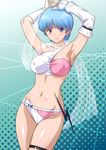  armlet armpits arms_up blue_eyes blue_hair blush breasts covered_nipples crop_top elbow_gloves fingerless_gloves gloves joy_ride large_breasts lightning_bolt midriff navel panties scarf see-through short_hair single_elbow_glove single_glove skindentation solo thigh_strap underwear wingman yume_aoi 
