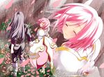  1girl black_hair boots closed_eyes coat couple estellise_sidos_heurassein gloves haru_(arser_doil) hetero holding_hands knee_boots long_hair pants petals pink_hair short_hair smile tales_of_(series) tales_of_vesperia yuri_lowell 