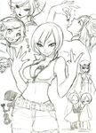  armor artist_request buckle closed_mouth collarbone contrapposto eating japanese_armor looking_at_viewer meiko midriff monochrome multiple_girls navel profile sakine_meiko short_hair shorts shoulder_armor simple_background sketch smirk sode standing stomach white_background 