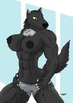  abs anthro biceps big_breasts black_nipples breasts canine cleavage clothed clothing female half-dressed huge huge_breasts judith mammal muscles muscular_female nipples pose ripped_clothes show_off solo topless torn_clothing weaselwolf wolf 