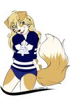  blonde_hair blue_eyes border_collie bottomless breasts canine clothed clothing dog female hair half-dressed happy hockey hockey_jersey mammal panties plain_background sambers sambers_(character) solo toronto_maple_leafs underwear white_background 