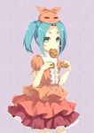  blush_stickers cookie eyebrows food green_eyes green_hair kouji_(campus_life) monogatari_(series) mouth_hold nisemonogatari ononoki_yotsugi short_eyebrows short_hair solo twintails 