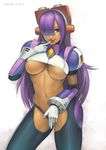  bad_id bad_pixiv_id black_legwear breasts brown_eyes dark_skin dated finger_to_mouth hair_over_one_eye headgear large_breasts layer long_hair mole naughty_face navel purple_hair rockman rockman_x simple_background smile solo thighhighs thighs underboob vasily_(run211) 