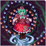  boots bow danmaku dress front_ponytail green_eyes green_hair hair_bow hair_ribbon kagiyama_hina kisasage_kouta long_hair lowres pixel_art red_dress ribbon solo touhou wrist_ribbon 