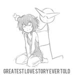  1girl bare_shoulders black_dress black_hair closed_eyes couple dress english flat_chest greyscale hetero kamina_shades kneeling monochrome original pas_(paxiti) short_dress shoulder_massage sketch smile stick_figure text_focus yami_shoujo 