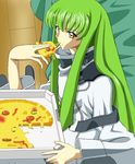  bangs c.c. cheese_trail code_geass eating food green_hair holding_pizza long_hair okan pizza pizza_box slice_of_pizza solo very_long_hair yellow_eyes 