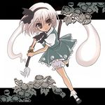  black_hairband bloomers girotin_ginza hairband hitodama katana konpaku_youmu konpaku_youmu_(ghost) mary_janes ready_to_draw sheath sheathed shoes short_hair socks solo sword touhou underwear weapon white_bloomers white_hair 