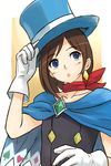  :o blue_eyes blue_hat brown_hair cape diamond_(shape) earrings flat_chest gloves gyakuten_saiban gyakuten_saiban_4 hat heart jewelry michael naruhodou_minuki open_mouth short_hair single_earring solo spade_(shape) 