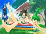  3girls barefoot black_hair blue_hair feet green_hair hose me-tan michael multiple_girls os-tan swimsuit wading_pool xp-tan 