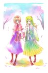  alice_margatroid bare_shoulders blonde_hair book closed_eyes detached_sleeves green_hair hair_ornament hairclip kochiya_sanae long_hair multiple_girls short_hair smile tadano_kagekichi touhou traditional_media watercolor_(medium) 