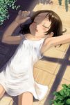  arm_up armpits blush brown_hair child closed_eyes dress from_above lying on_back on_floor open_mouth original shirane_taito sleeping solo strap_slip sundress white_dress 